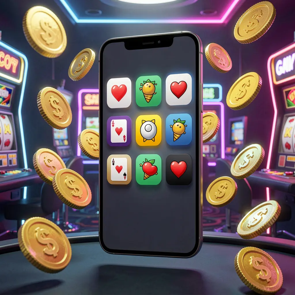 Realistic 3D render of a modern phone displaying the QQKT Android casino app with app icons, surrounded by golden coins and slot symbols in a neon casino atmosphere