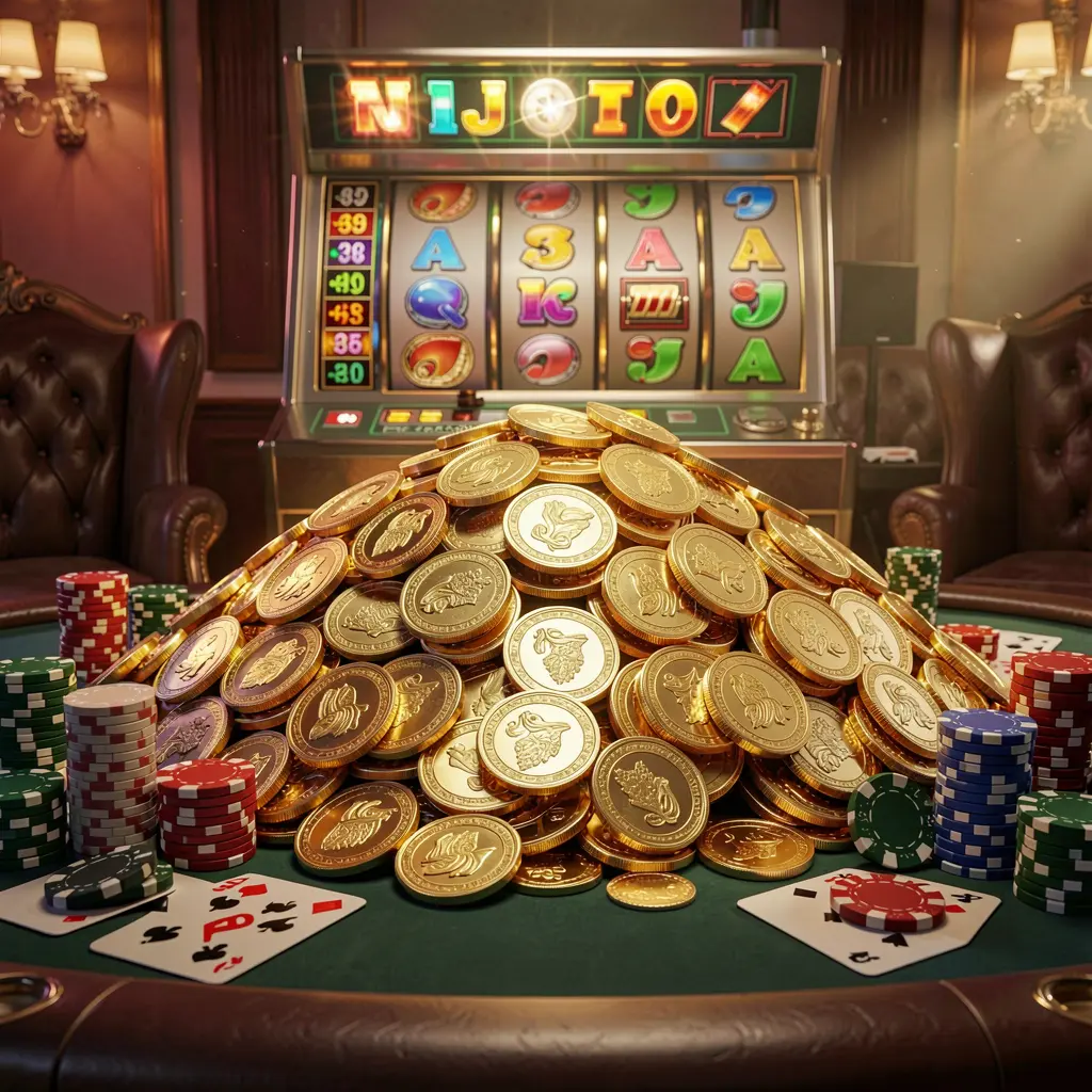 QQKT online casino bonus scene with a massive pile of golden coins, a slot machine in the background, glowing jackpot lights, poker chips and playing cards on a luxury table under dramatic cinematic lighting