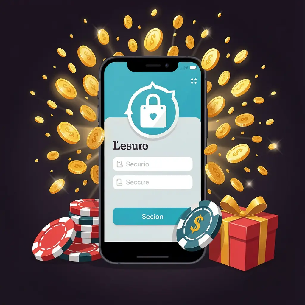 QQKT casino user login illustration showing a phone with a secure access icon, golden coins bursting from the screen, poker chips and a gift box nearby on a dark premium background