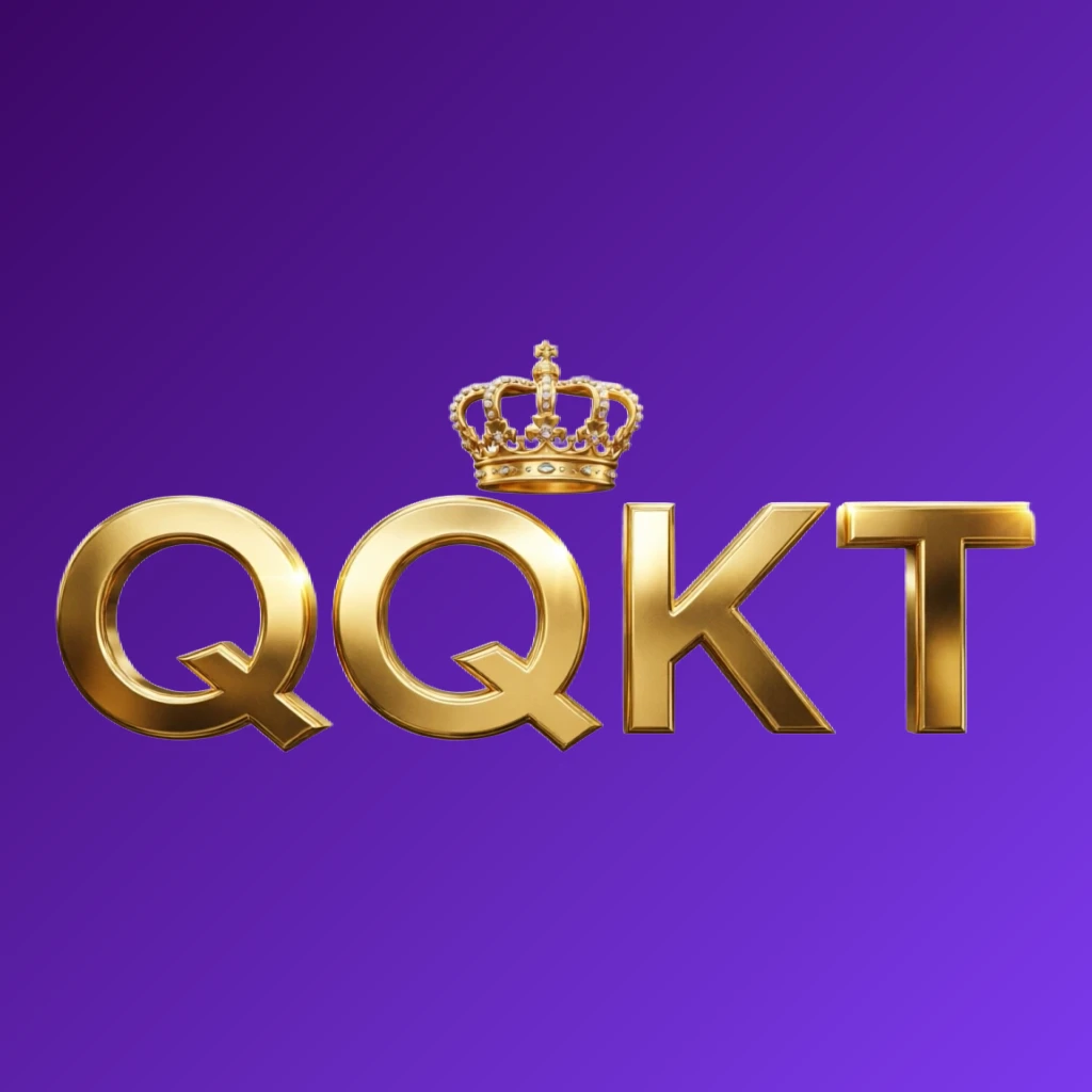 QQKT luxury brand logo with a gold metallic crown above the letters, featuring a royal design and wide horizontal rectangular wordmark on a transparent background