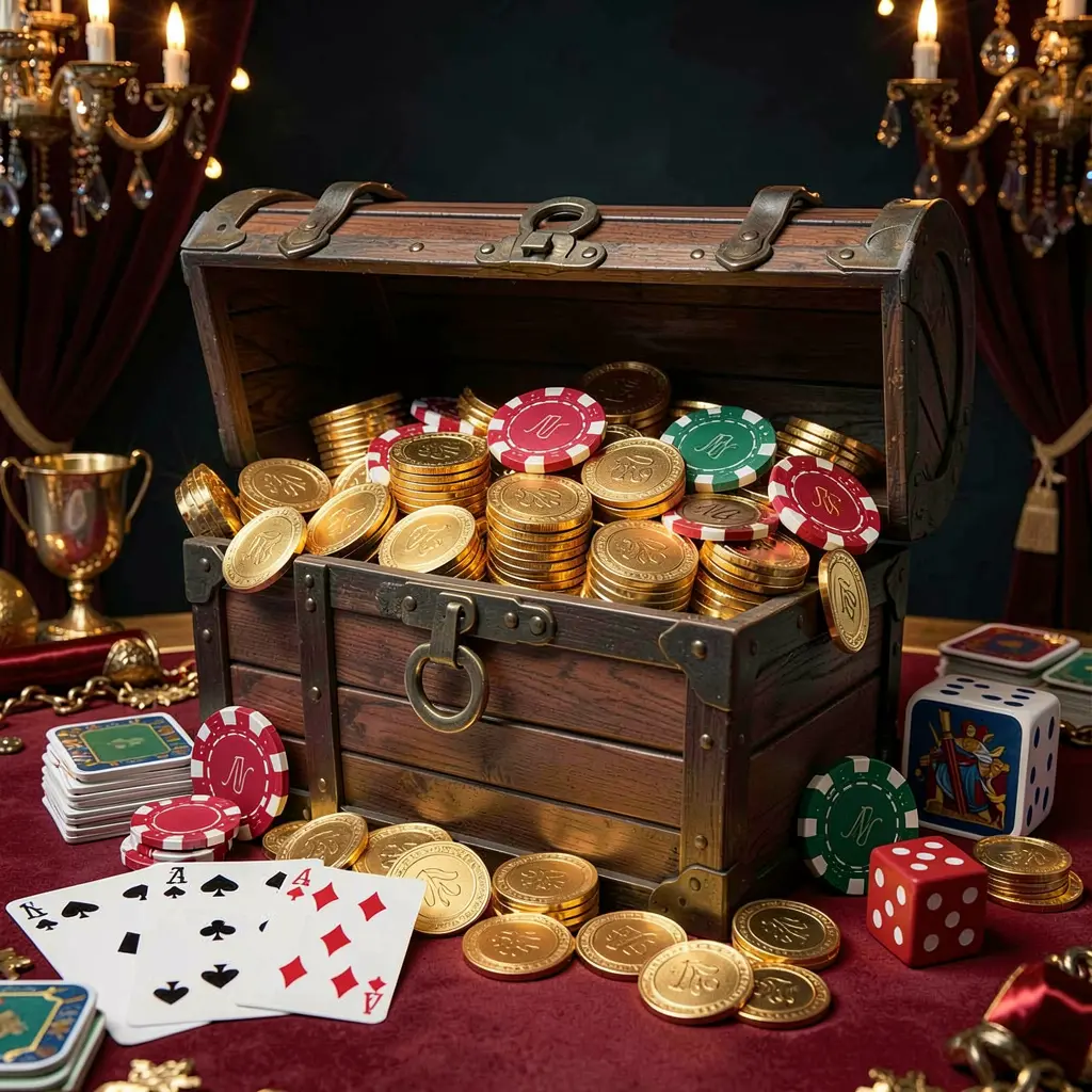 QQKT online casino welcome banner featuring a treasure chest filled with golden coins and casino chips, playing cards and dice nearby, set against a dark luxury background with a festive premium atmosphere